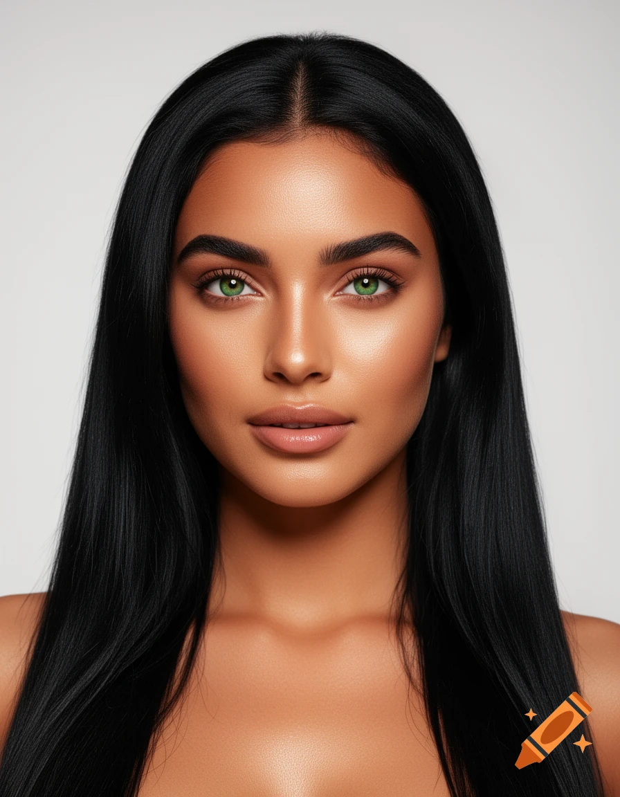 Close-up photorealistic portrait of a young woman with long black hair, tanned skin, and striking green eyes.