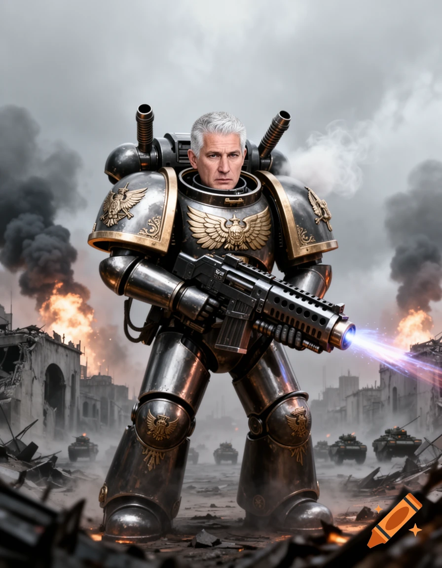A man with gray hair in detailed Space Marine power armor with a large gun stands in a war-torn city with explosions and tanks.