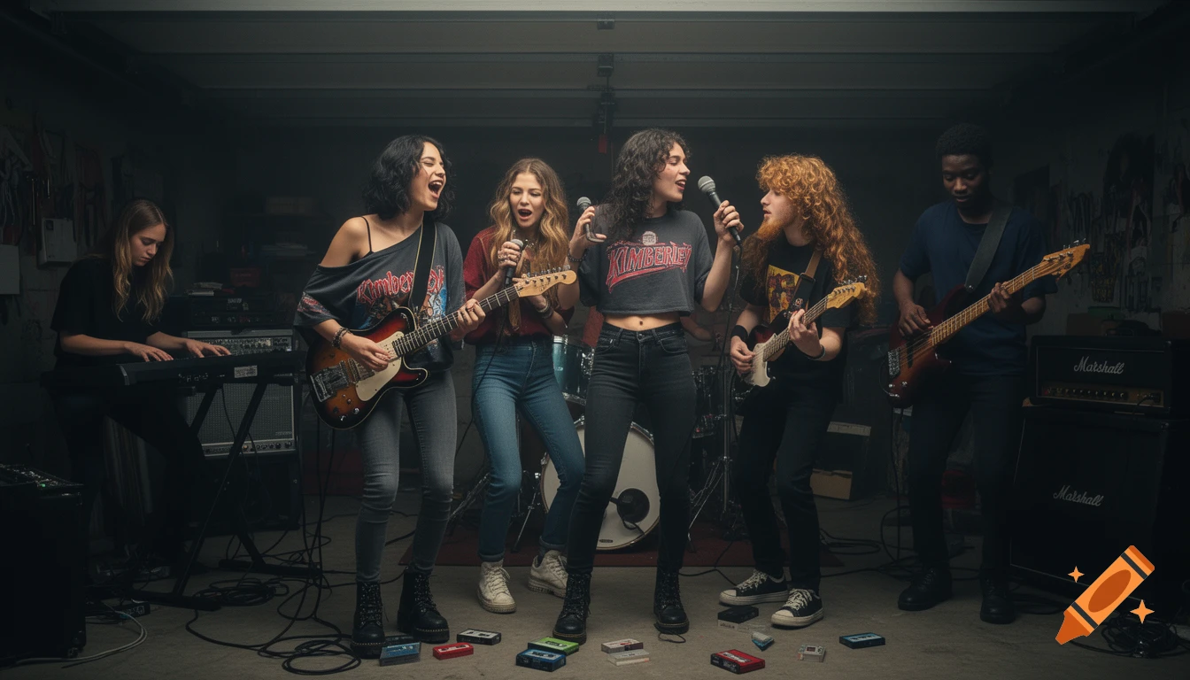 A diverse group of teenagers playing instruments in a dark garage, practicing as a band with guitars, keyboard, and drums. Vintage audio cassettes are scattered on the floor.