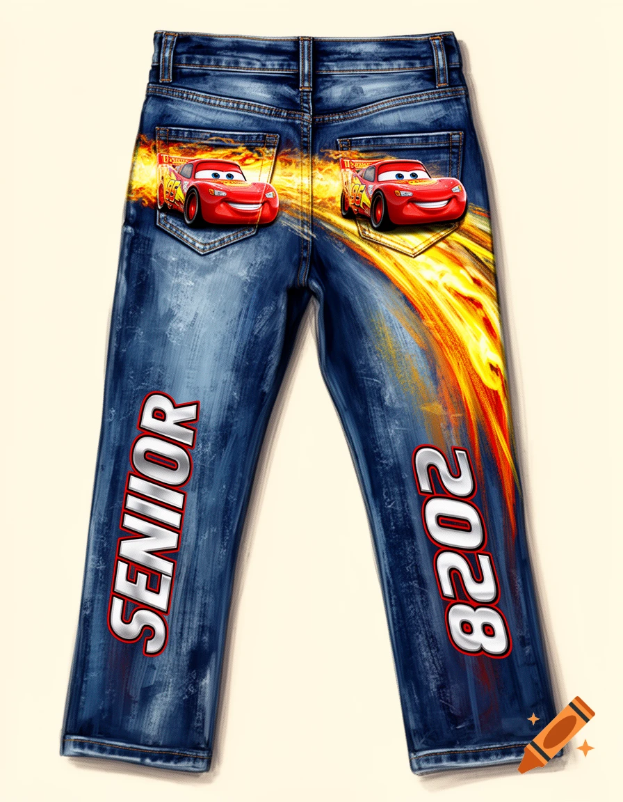 Back view of painted blue jeans featuring Lightning McQueen, flames, and the words 'SENIOR' and '2028'.