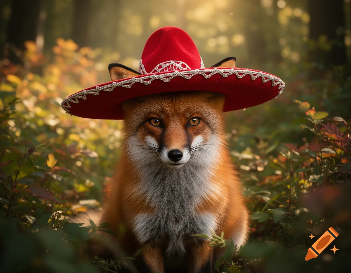 A photorealistic fox wearing a festive red sombrero in a sunlit forest.