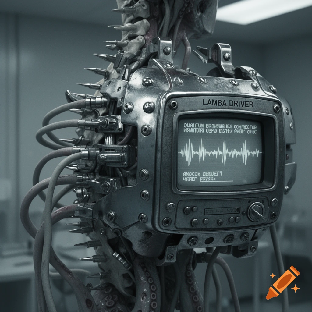 A detailed retro sci-fi device called 'LAMBA DRIVER Quantum Brainwaves Connector' attached to a spine, with spikes, tentacles, and a screen showing a waveform.