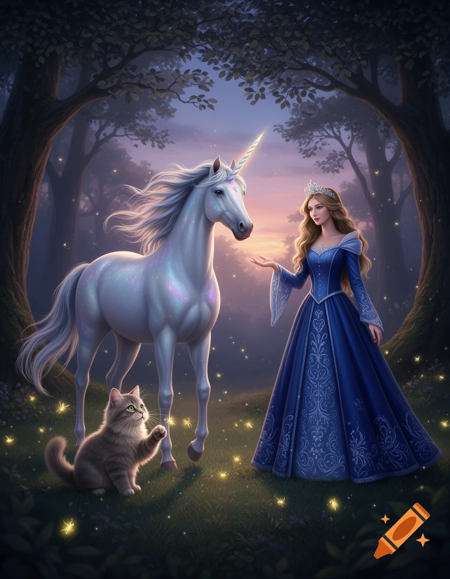 A princess in a blue gown and crown stands next to a white unicorn and a cat in a glowing magical forest at dusk.