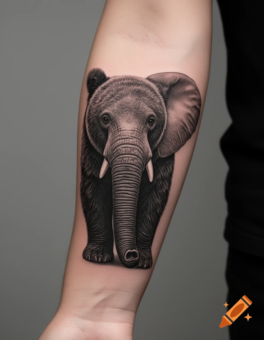 Realistic black ink tattoo of an elephant-bear hybrid on a forearm.