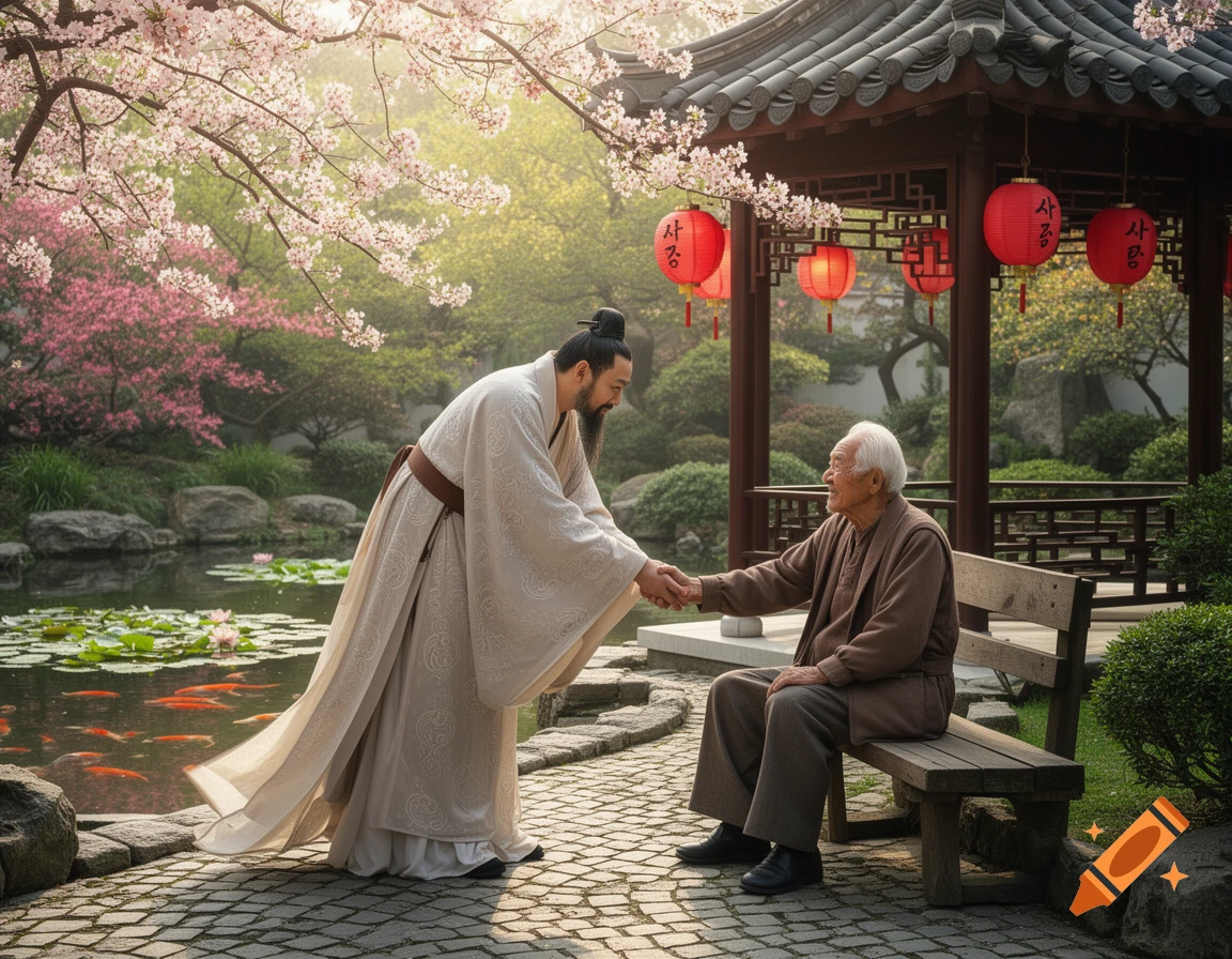 Two men in traditional East Asian attire shake hands in a beautiful cherry blossom garden with a pond and pagoda, photorealistic style.