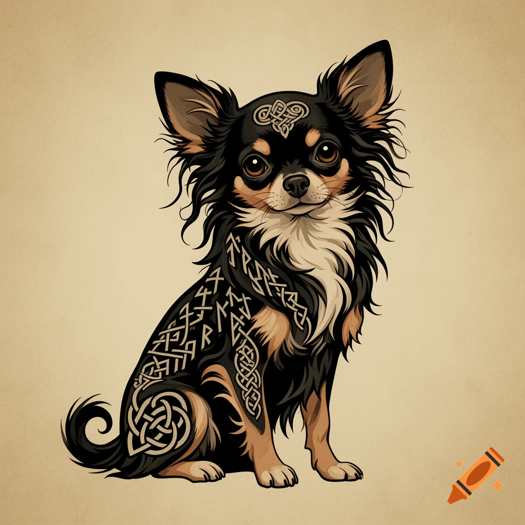 A stylized illustration of a long-haired black and tan chihuahua sitting, adorned with intricate white Celtic and Norse knotwork patterns and symbols on its fur, against a plain beige background.