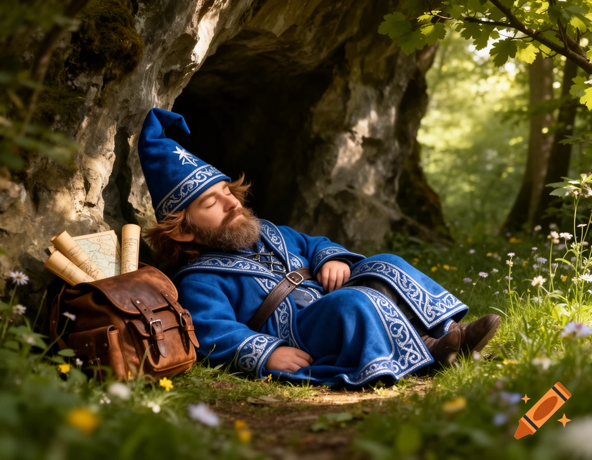A bearded halfling wizard in blue robes and hat sleeps by a cave entrance, a leather backpack and maps beside him in a lush, green forest.