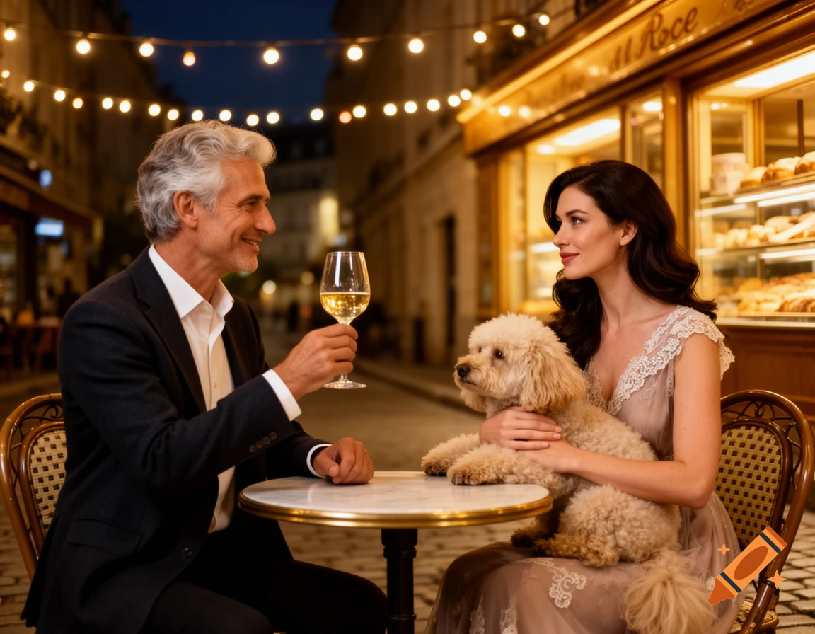 A man and woman dine outdoors at night, with a small dog on the woman's lap, in front of a bakery.