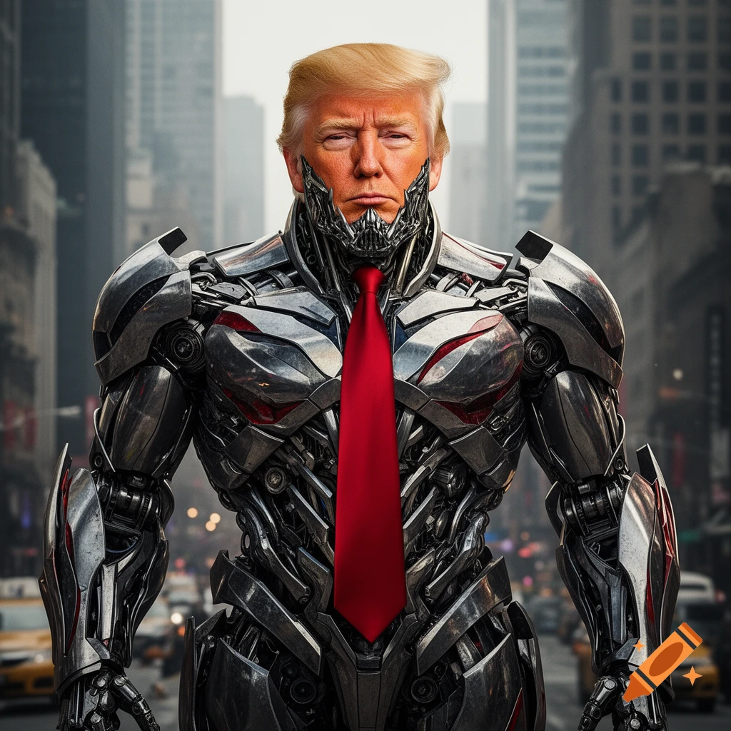 Photorealistic image of Donald Trump's head on a detailed silver and red robot body with a red tie, standing in a city street.