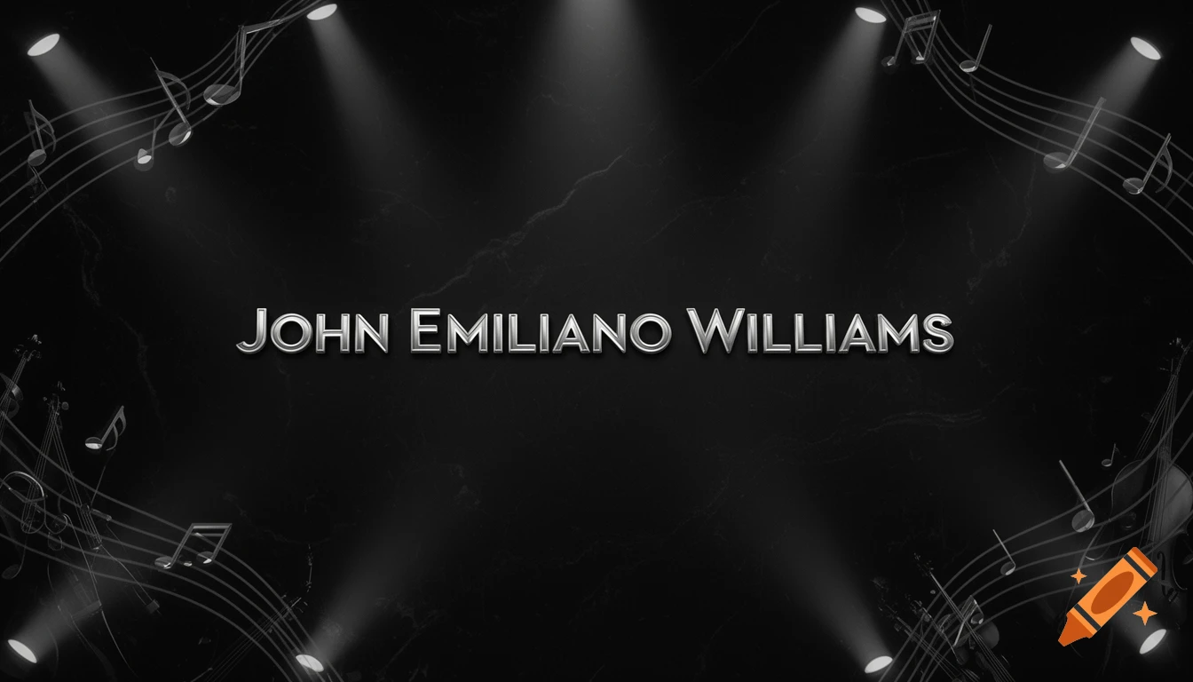Metallic 'JOHN EMILIANO WILLIAMS' text on a dark, professional background with musical notes, spotlights, and faint orchestral instruments.