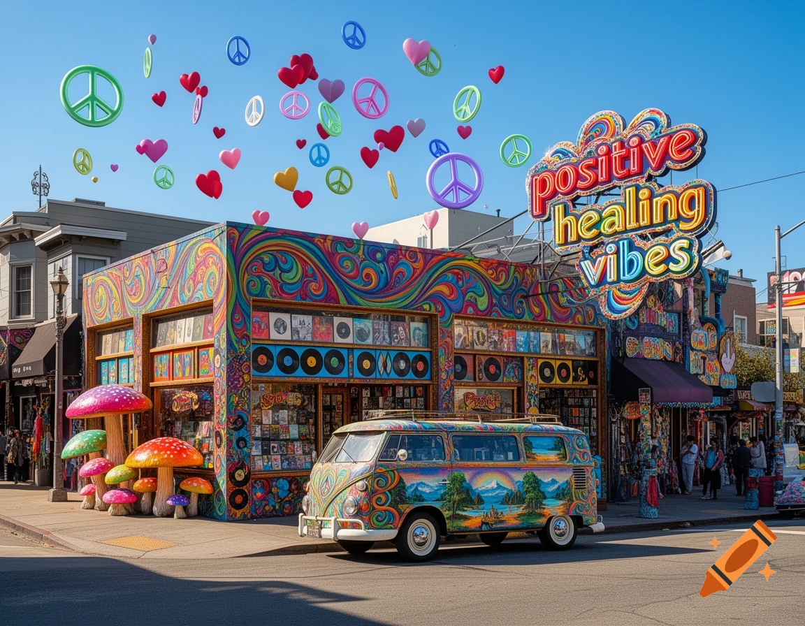 A vibrant street scene with a psychedelic-painted store, a hippie van, a 'Positive Healing Vibes' neon sign, and floating peace signs and hearts.