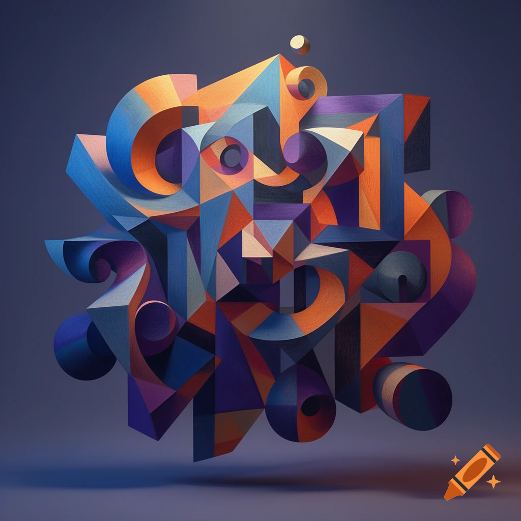 An abstract cluster of colorful 3D geometric shapes in shades of blue, orange, purple, and cream, against a dark blue background.