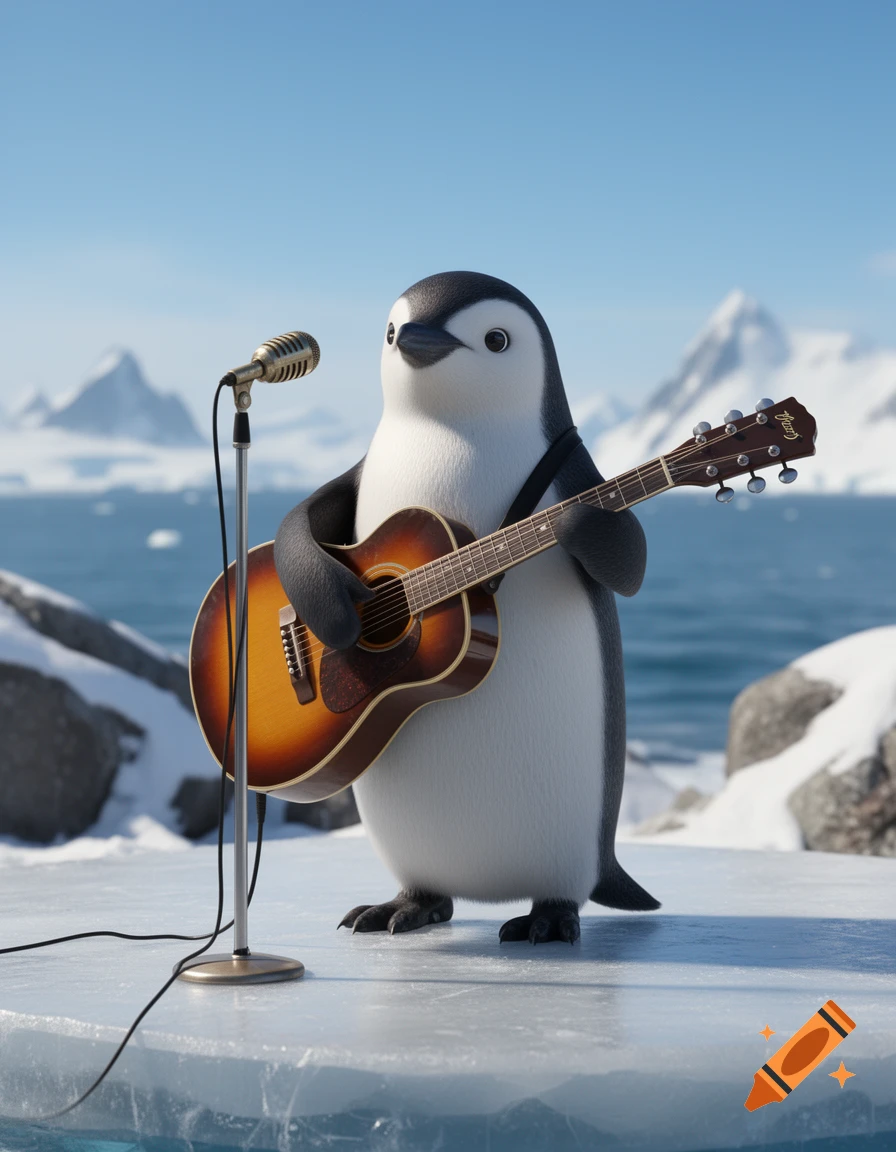 A cartoon penguin playing an acoustic guitar at a microphone on an ice floe with a snowy arctic background.