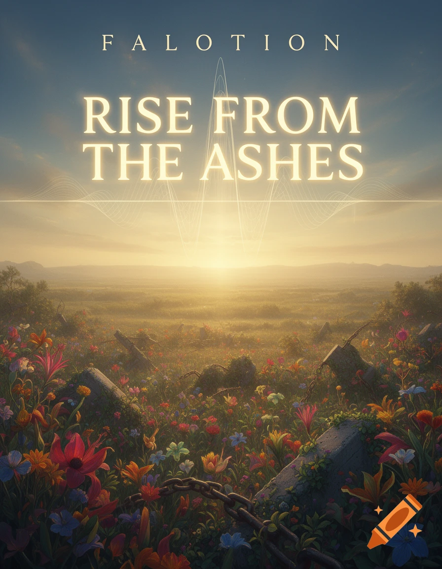 A golden sunrise over a vibrant field of flowers, with broken chains and concrete amidst the blossoms, beneath glowing text 'FALOTION RISE FROM THE ASHES'.