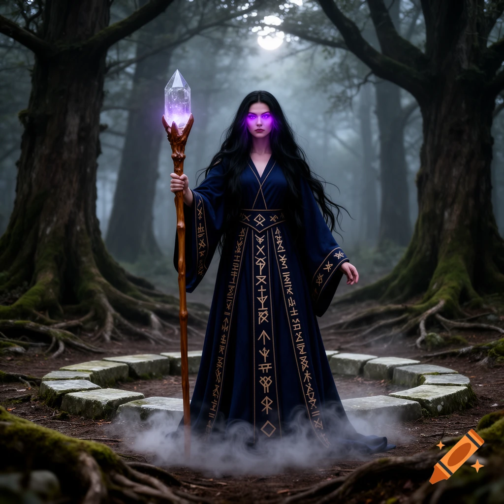 A dark-haired sorceress with glowing purple eyes stands in a misty forest, holding a glowing crystal staff.
