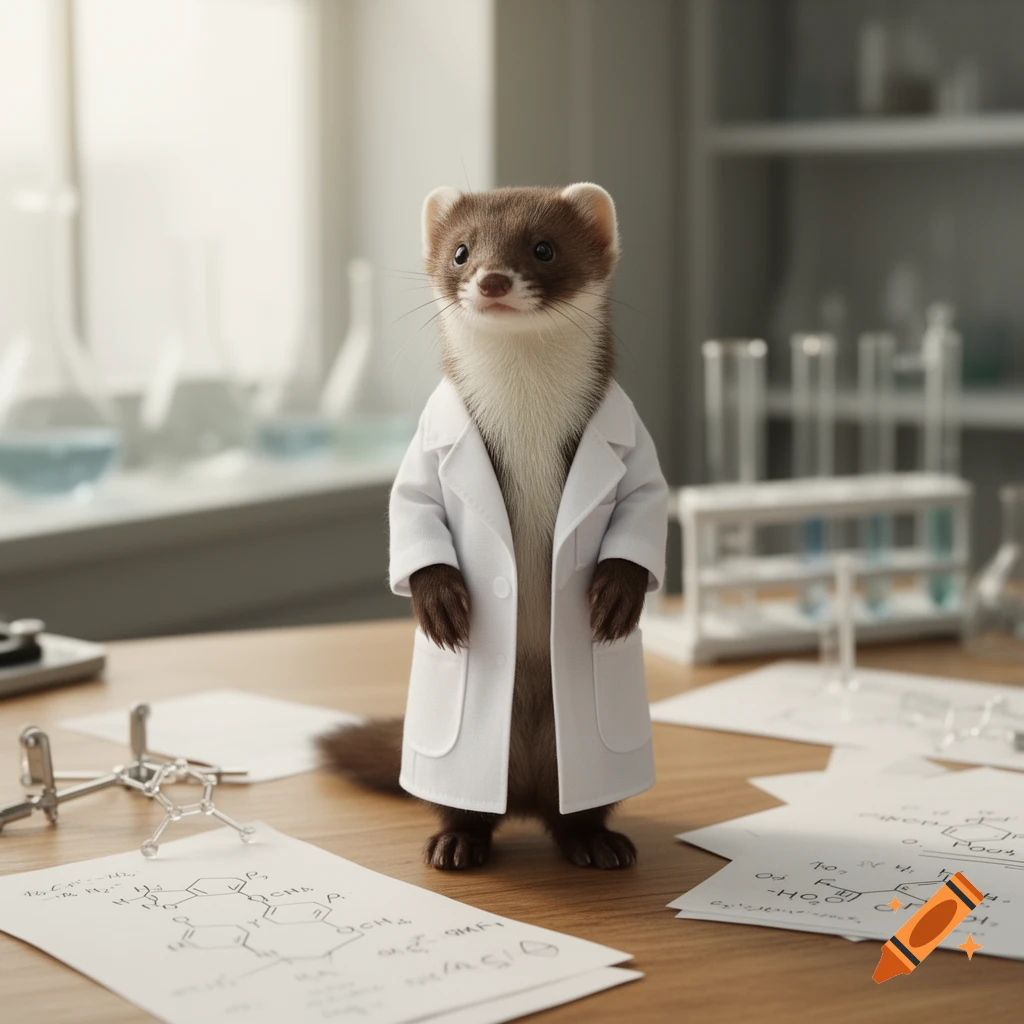 A photorealistic stoat wearing a white lab coat stands on a wooden lab table filled with papers and glassware in a laboratory setting.