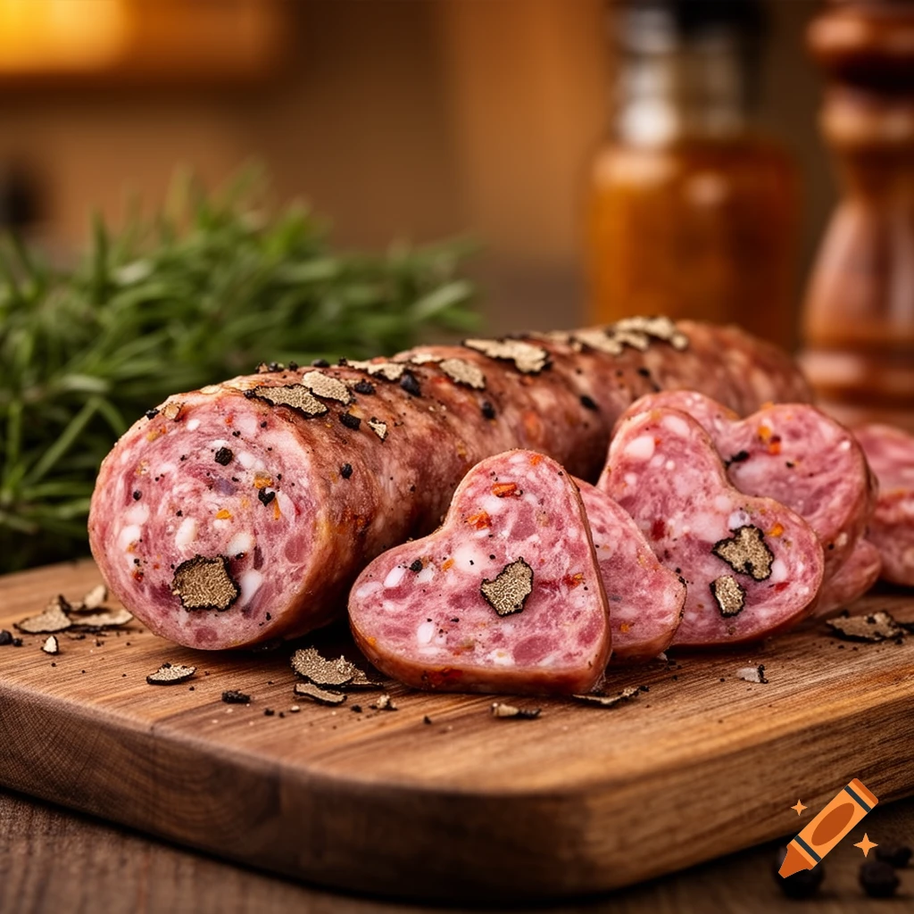 Gourmet truffle sausage with heart-shaped slices on a wooden board, garnished with herbs and spices. Photorealistic.
