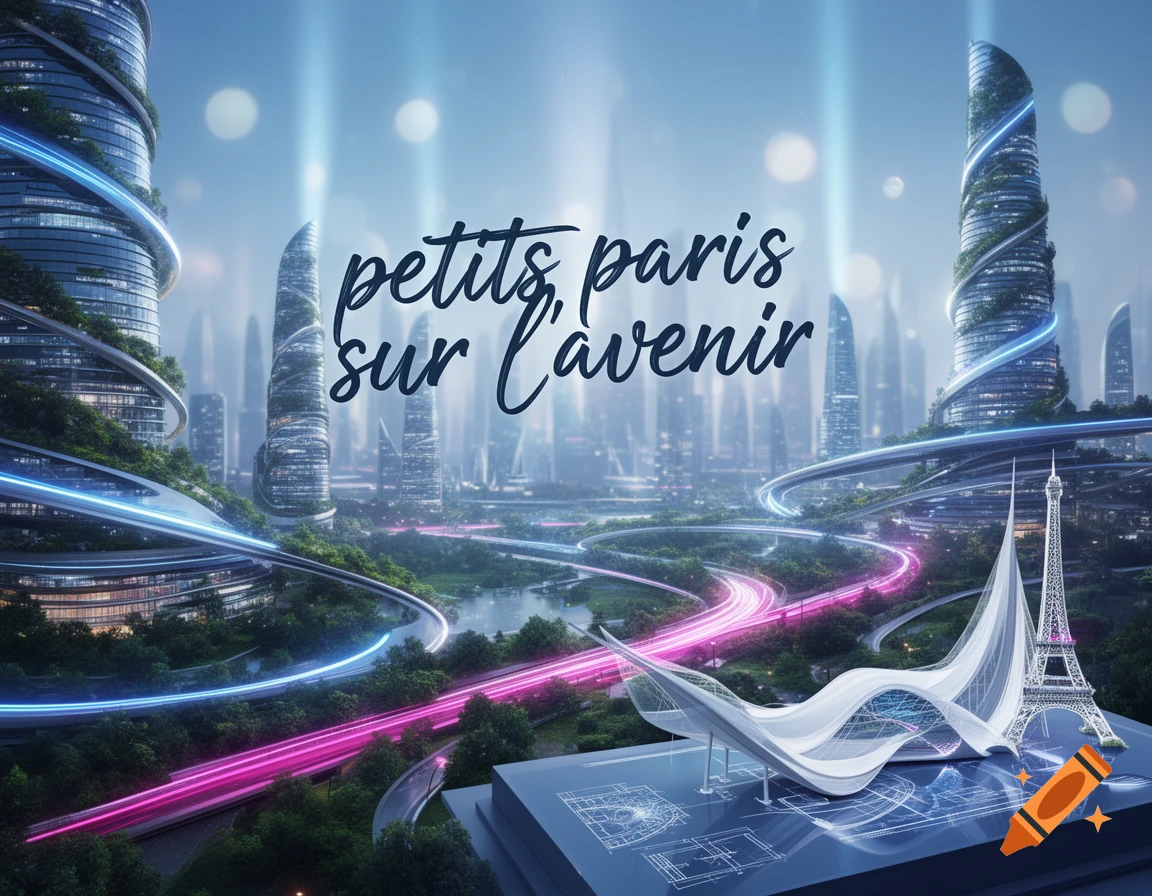 Futuristic cityscape with eco-friendly skyscrapers, glowing roads, and architectural models including a stylized Eiffel Tower, with French text.