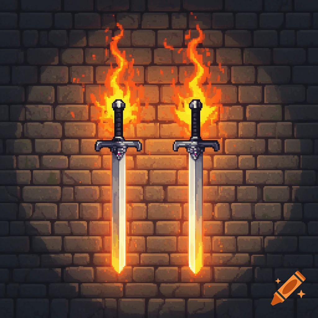 Two pixel art swords with fiery blades hang against a shadowed brick wall.