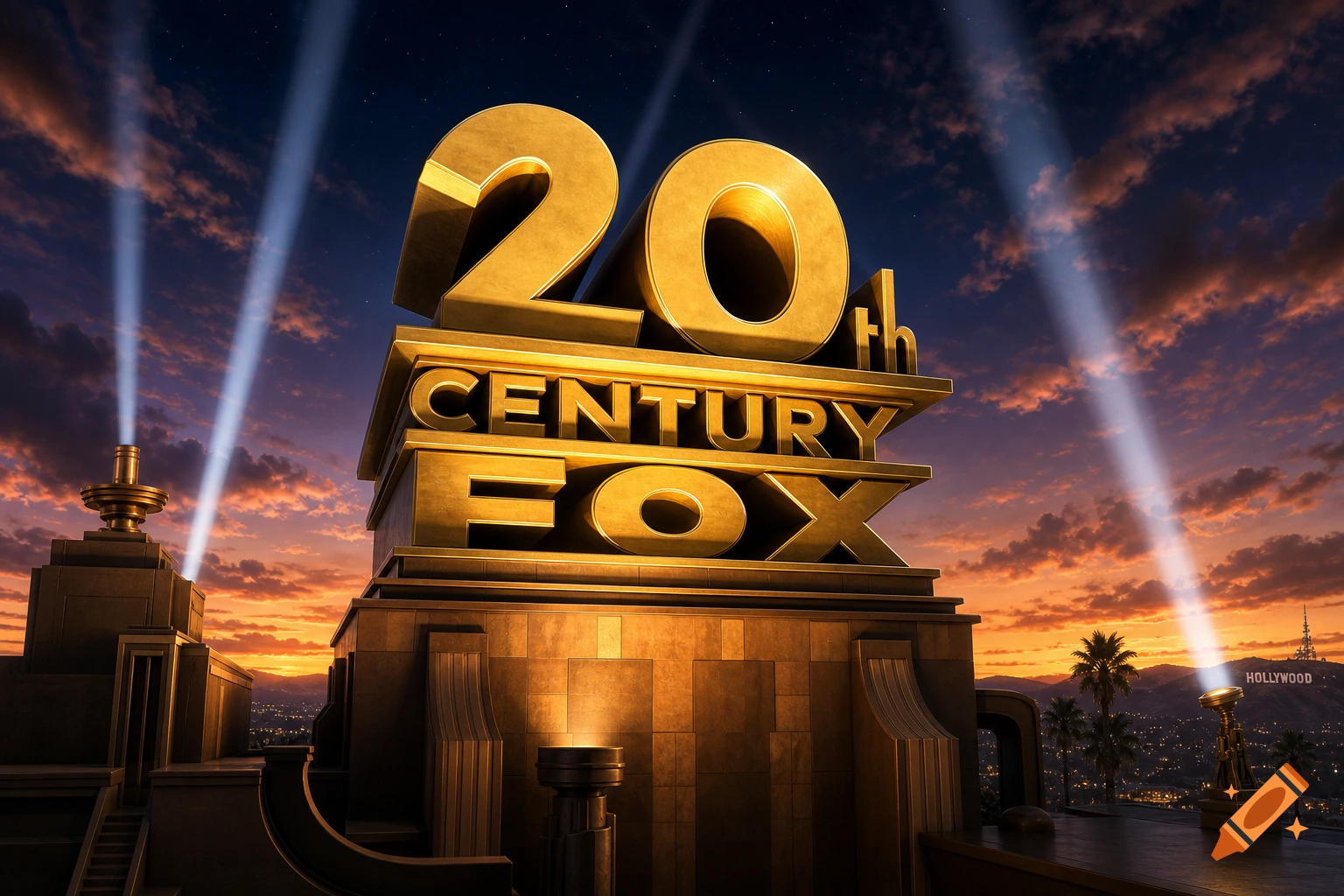 Golden 20th Century Fox logo with searchlights, set against a dramatic sunset sky, with the Hollywood sign in the distance.