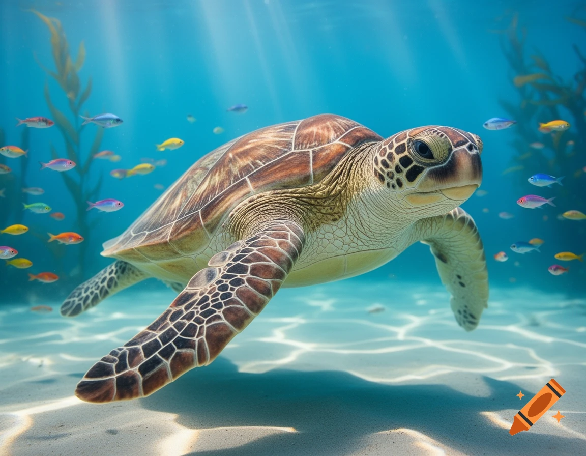 A photorealistic sea turtle swims gracefully through clear blue ocean water, surrounded by schools of small colorful fish.