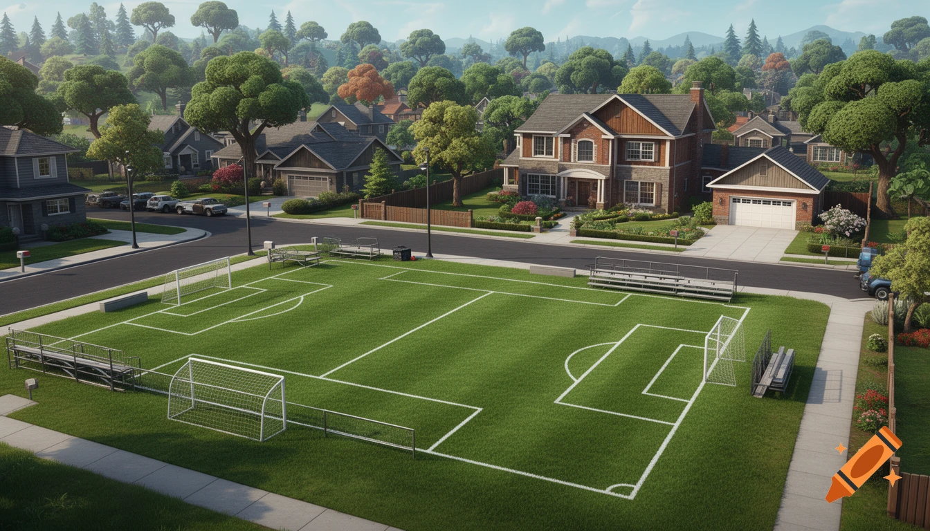 Photorealistic aerial view of a suburban neighborhood featuring a soccer field in the foreground and houses with lush landscaping.