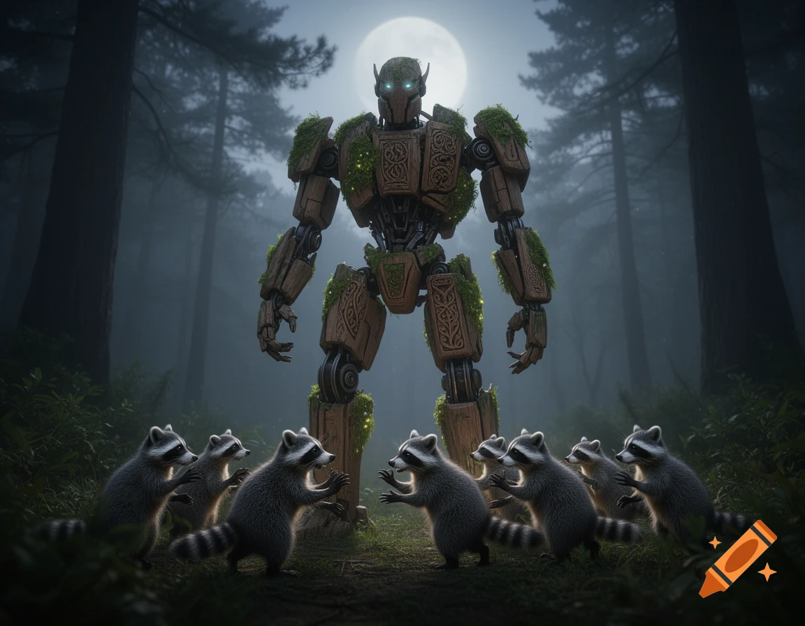 A large, mossy wooden warforged robot stands in a misty forest under a full moon, surrounded by small bipedal raccoons.