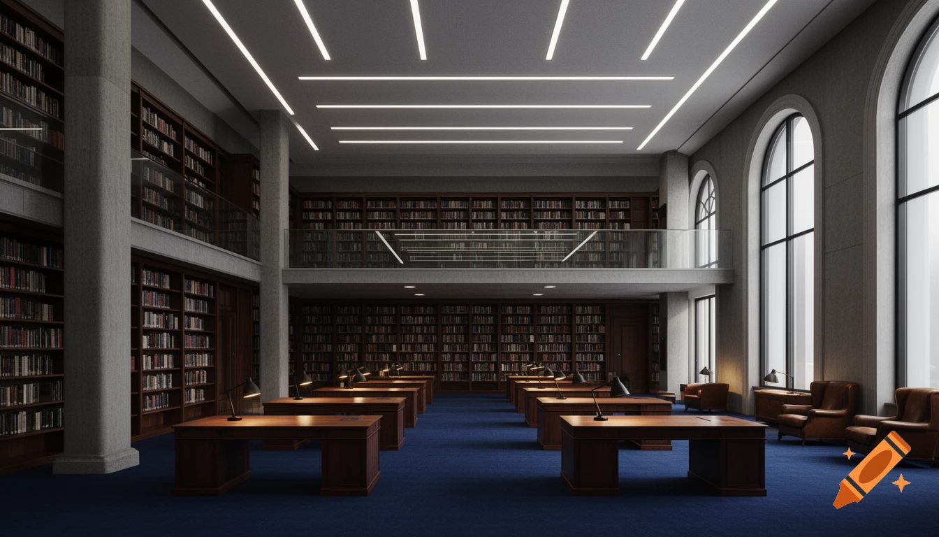 A grand, multi-level university library interior with dark wood bookshelves, study desks with lamps, and tall arched windows.