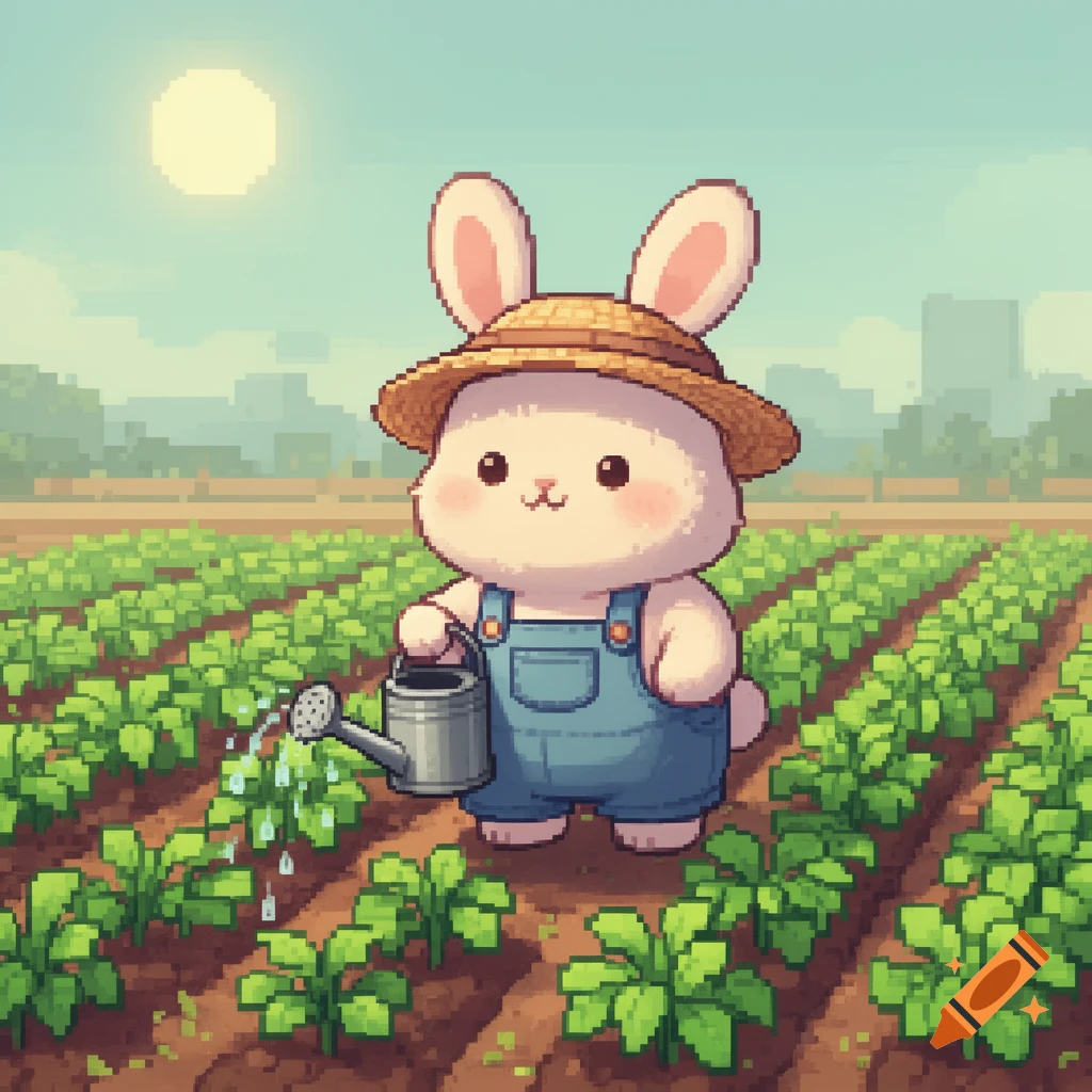 A cute, chubby 16-bit pixel art farmer bunny in overalls and a straw hat watering plants in a sunny field.