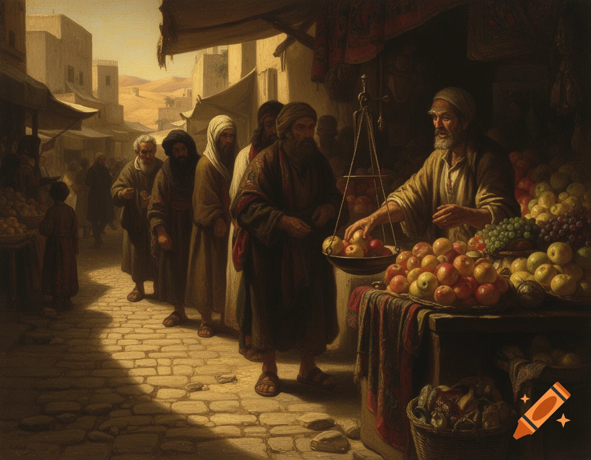 An oil painting in the style of Rembrandt depicts a bustling Arab Sunday market. A bearded vendor, in chiaroscuro light, weighs fruit on a scale at his stall, while several customers, also in traditional attire, wait in line on the cobblestone street under the desert sun.