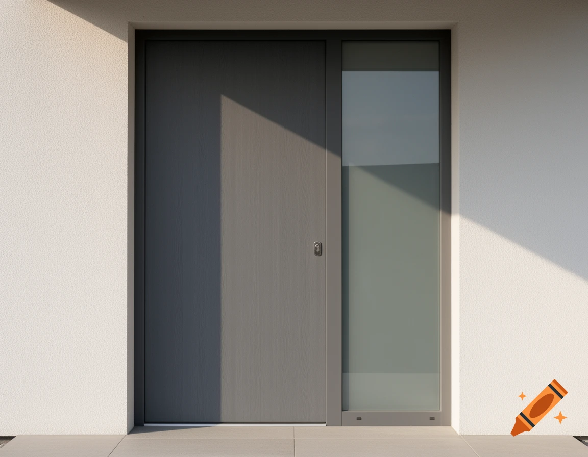 A modern gray front door with a frosted glass side panel, set in a textured white wall with sunlit shadows.