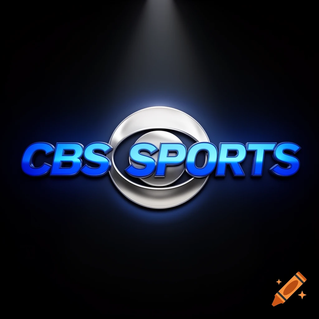 A 3D metallic CBS Sports logo with blue text, glowing on a dark background with two spotlights.