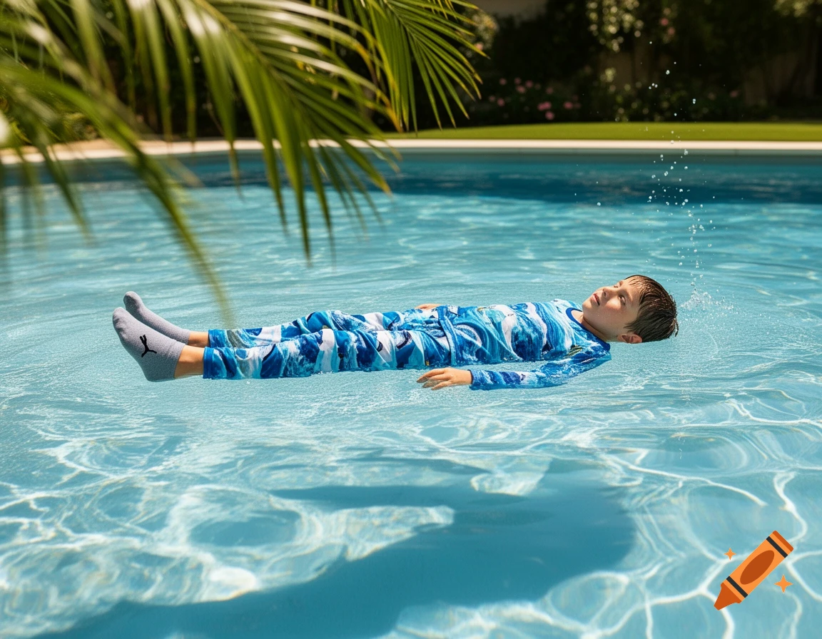 A young boy floats on his back in a swimming pool, wearing blue patterned pajamas and gray Puma socks, under palm leaves.