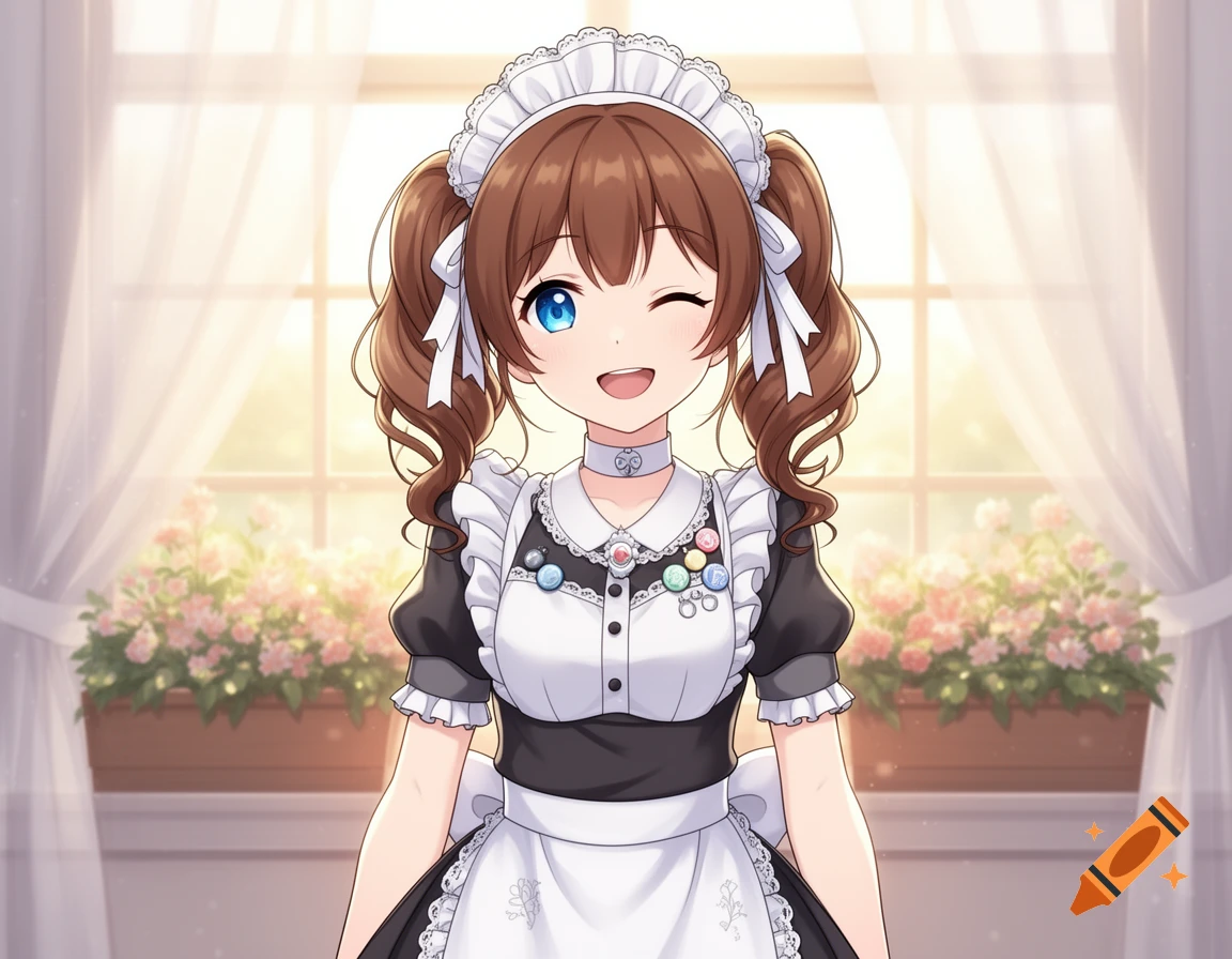 Anime girl with brown pigtails, blue eyes, winking and smiling in a maid outfit, in front of a sunny window with flowers.