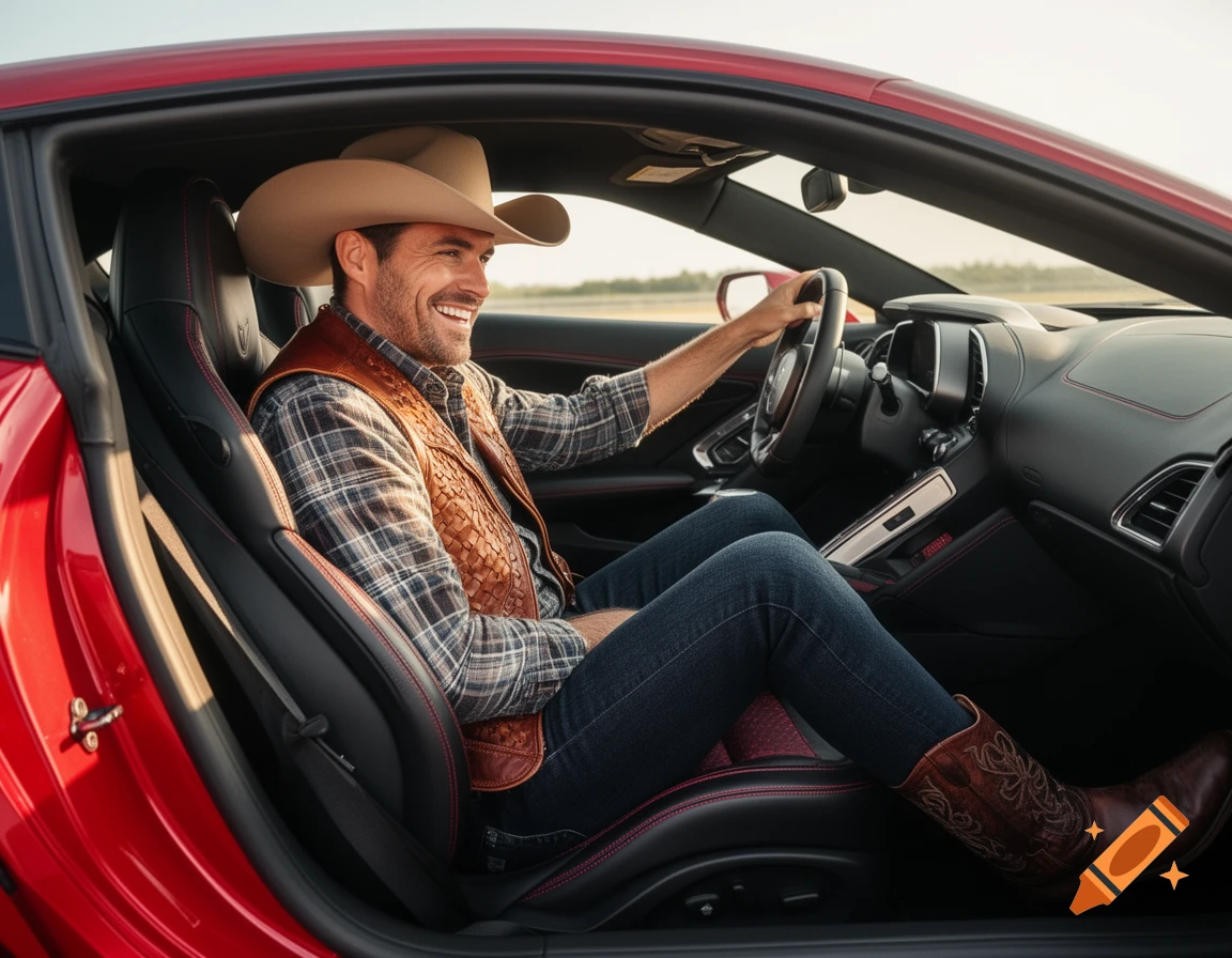 A smiling man in a cowboy hat and western attire (plaid shirt, leather vest, cowboy boots) sits in a red sports car.