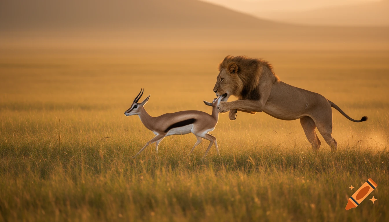 Photorealistic wildlife photo of a lion leaping to catch a gazelle in a sunlit grassy savanna.