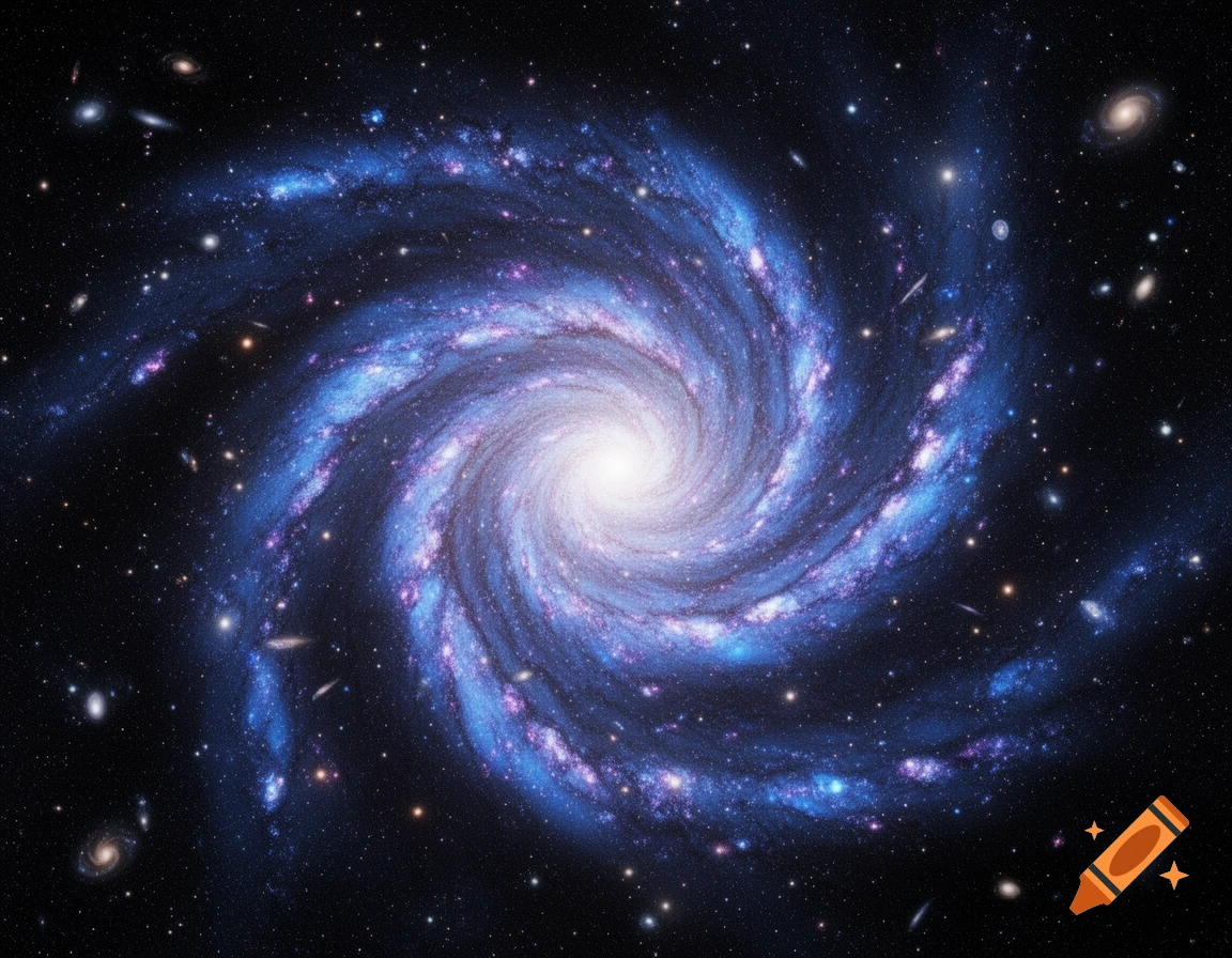 A beautiful bright spiral galaxy with blue and purple cosmic dust, swirling against a dark, star-filled background.