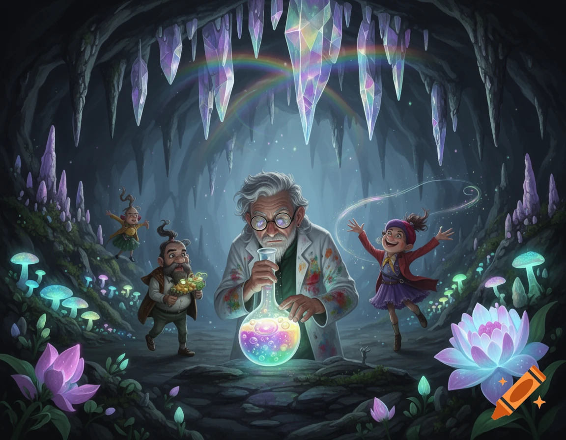 A whimsical scientist holds a glowing flask in a magical cave filled with glowing mushrooms, crystals, and small fantasy creatures.