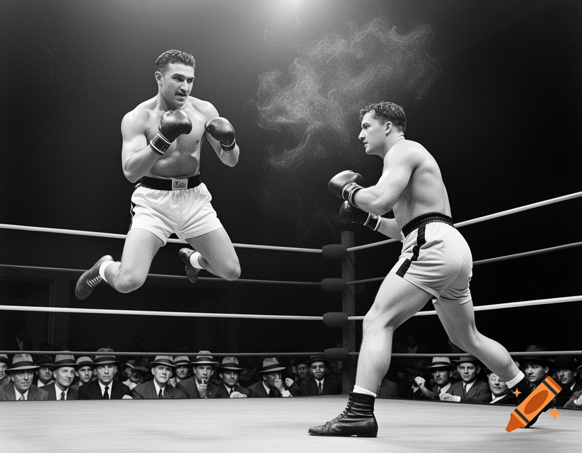 Black and white photo of two male boxers in a ring, one mid-air leaping to punch, reflecting 1930s boxing era.