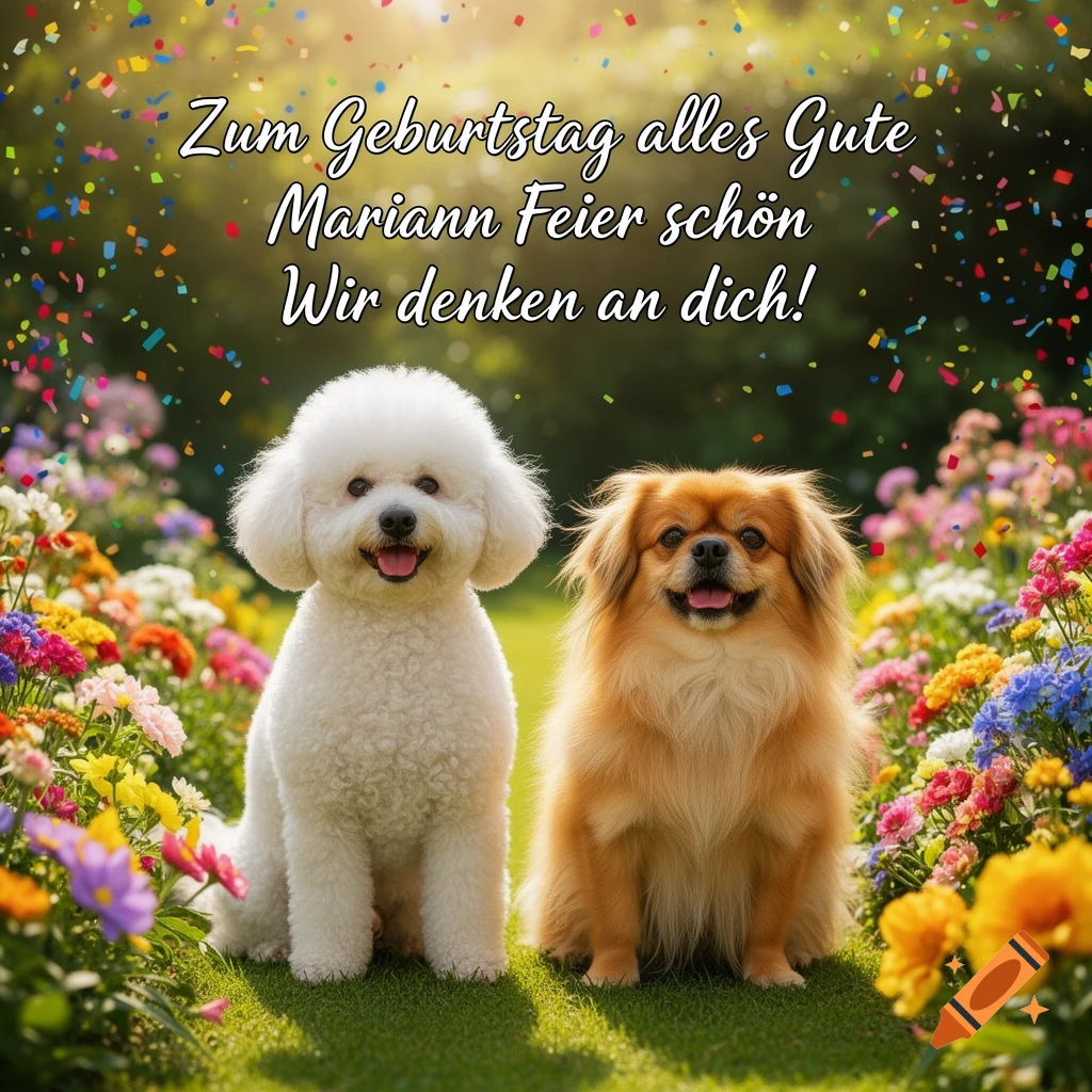 Two fluffy dogs, one white and one brown, sit smiling among colorful flowers with confetti and a German birthday greeting.