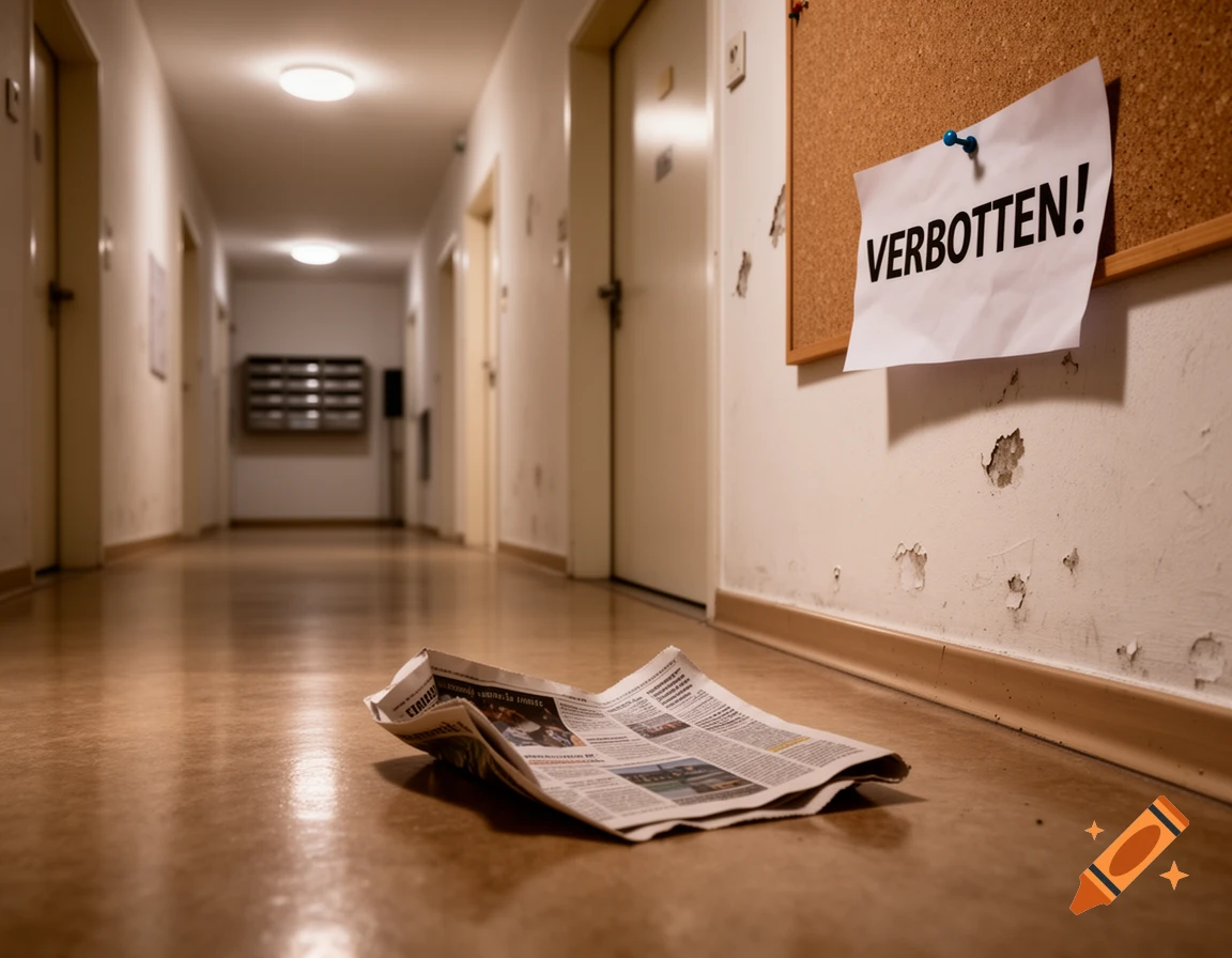 A dimly lit apartment hallway with a crumpled newspaper on the floor and a "VERBOTEN!" sign pinned to a corkboard on the wall.