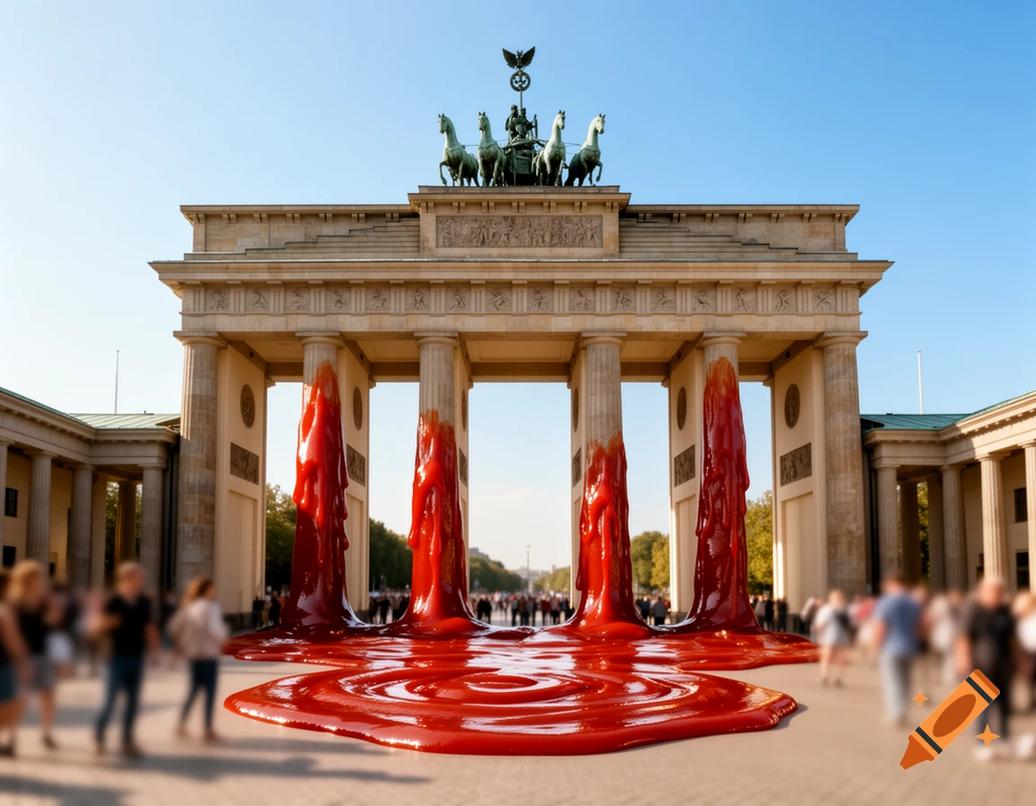 Photorealistic image of the Brandenburg Gate with bright red ketchup pouring from its arches and pooling on the ground.