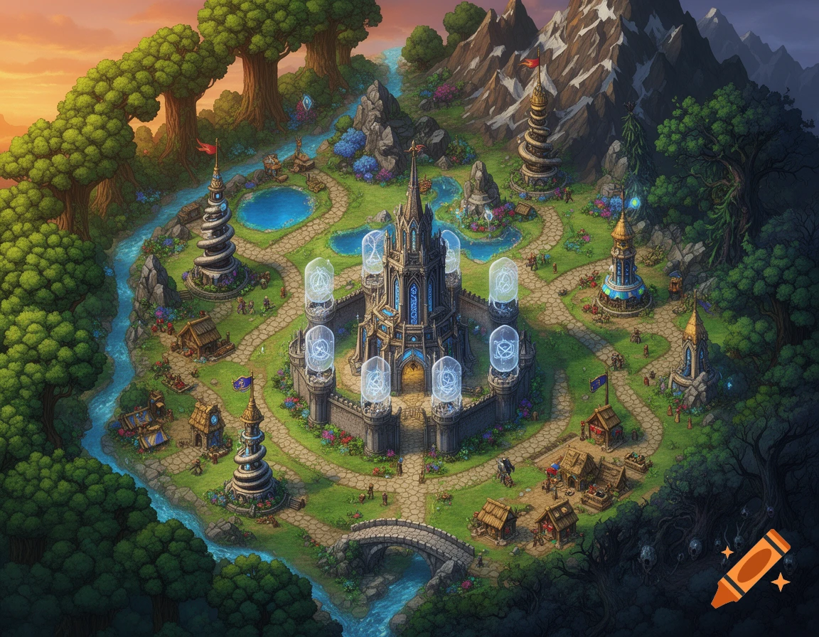 Detailed 2D top-down fantasy overworld map featuring a central castle, winding river, forests, mountains, villages, and towers.
