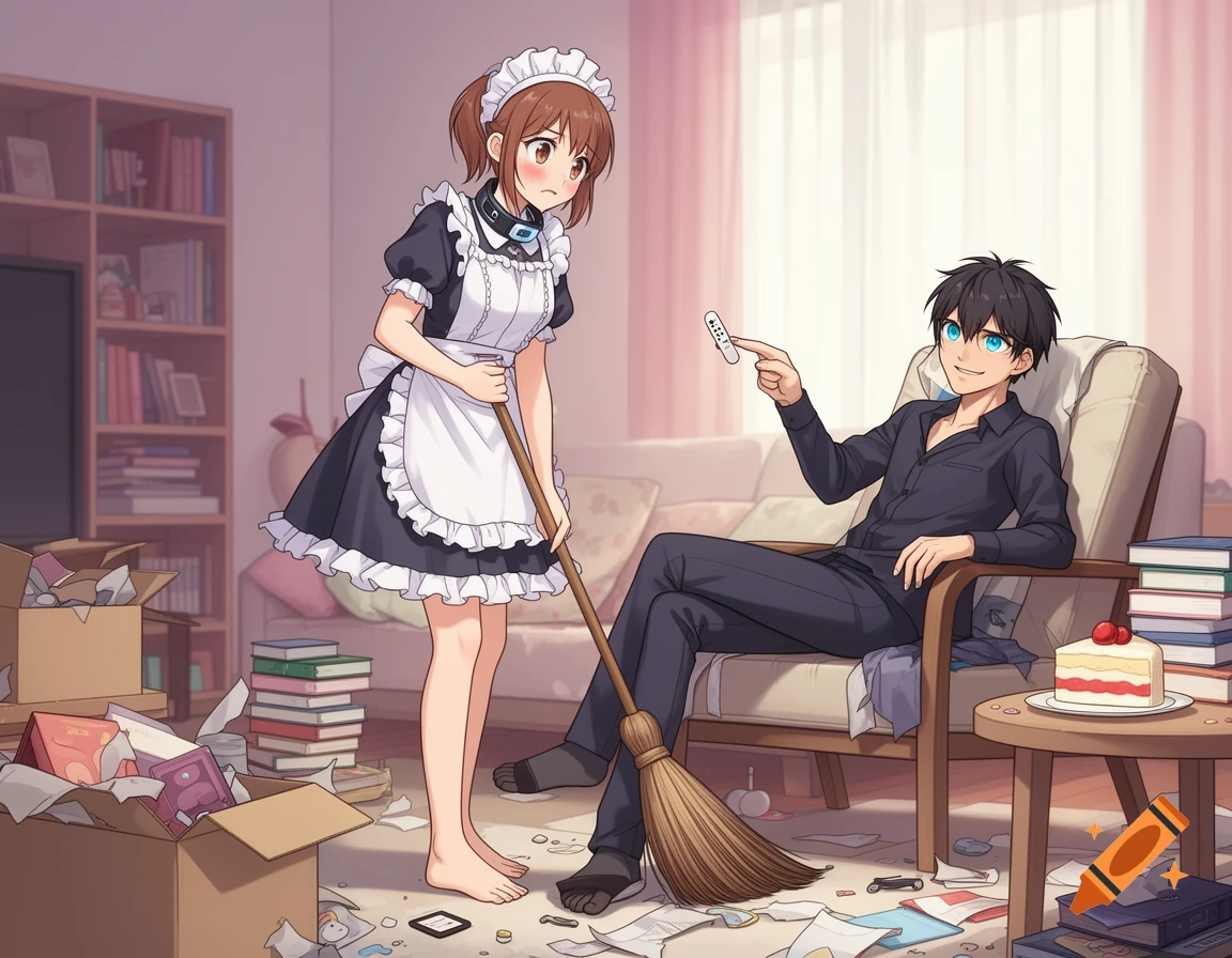 An anime illustration of a woman in a maid outfit sweeping a messy living room while a man in a chair points a remote at her.