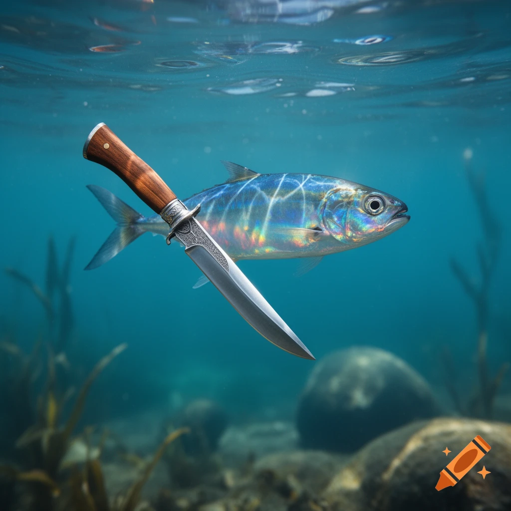 A shiny, iridescent fish swims underwater with a detailed knife floating next to it, above a rocky seabed.