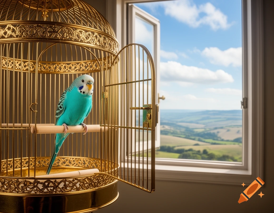 A vibrant turquoise parakeet perches inside a fancy golden birdcage with an open door, facing an open window revealing a sunny, rolling green landscape.