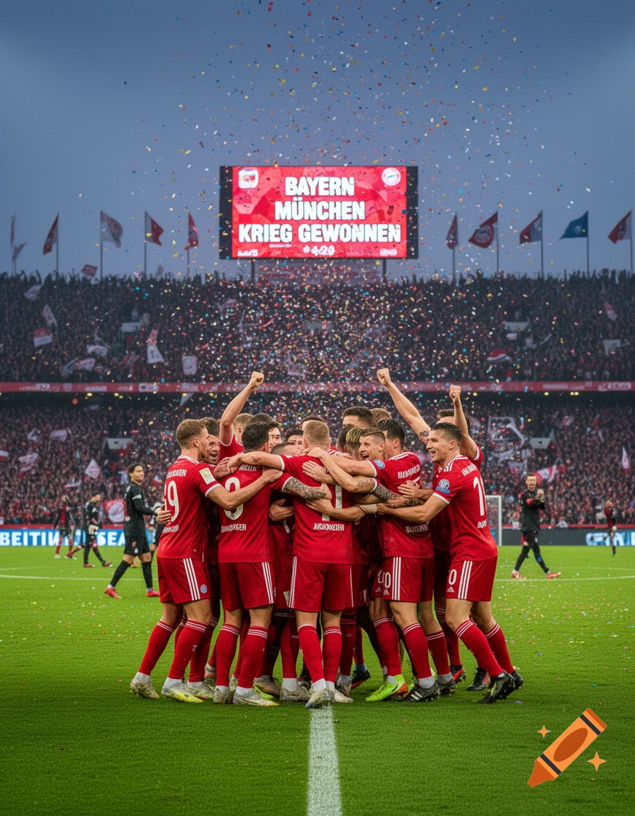 Soccer team in red jerseys celebrates a win on the field with confetti falling, a scoreboard in the background displays 'BAYERN MÜNCHEN KRIEG GEWONNEN'.