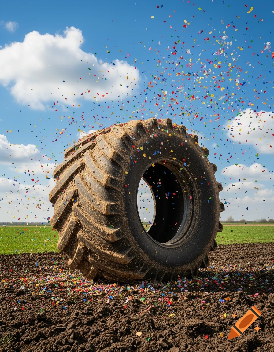 A large, muddy tractor tire stands upright in a tilled brown field under a bright blue sky, with colorful confetti falling around it and covering the ground.