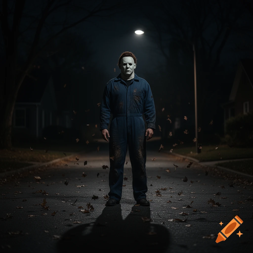Michael Myers stands ominously in a dark, leaf-strewn street under a single street lamp, in a photorealistic style.
