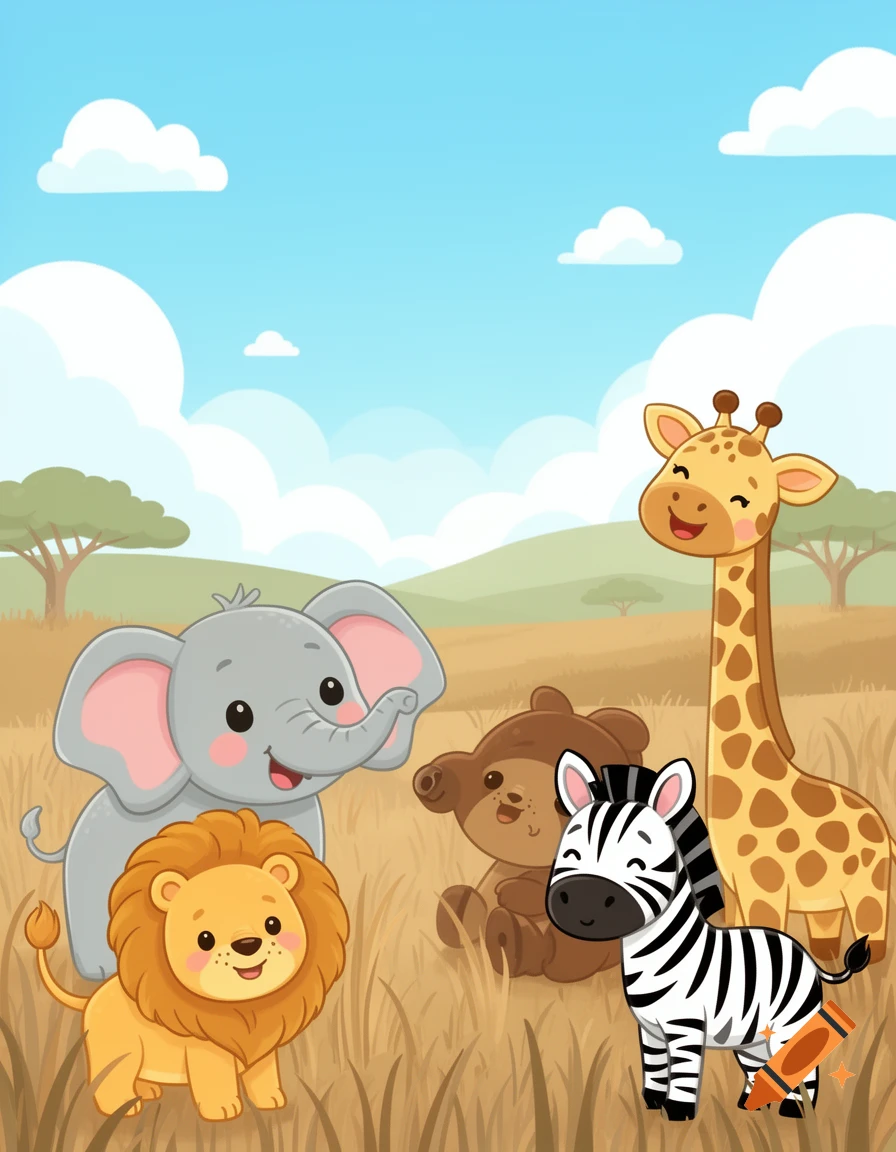 Cute cartoon safari animals: an elephant, lion, zebra, bear, and giraffe in a sunny landscape with acacia trees.